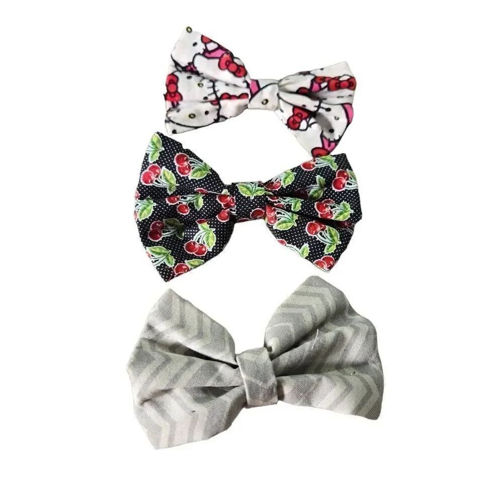 3 homemade bows, 4". Hello Kitty,  Cherries and gray chevron